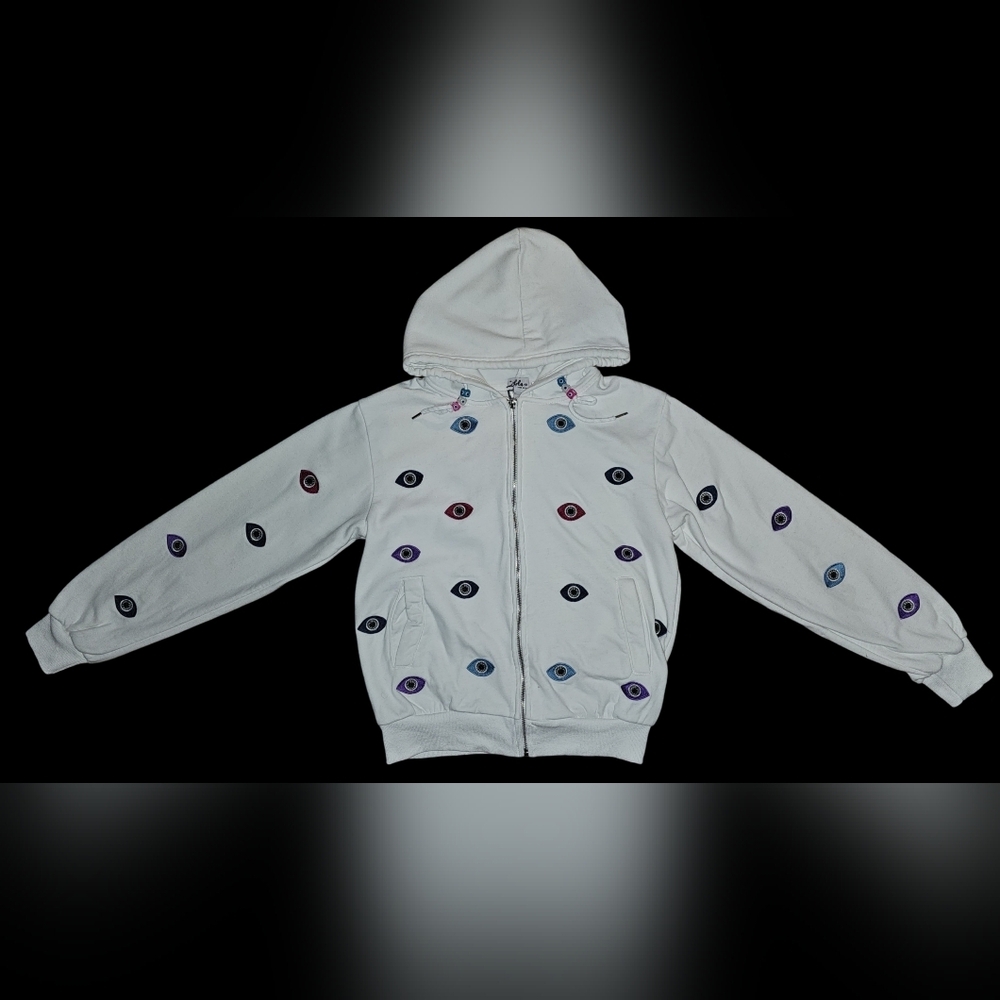 Lola + The Boys Evil Eye Hoodie Womens White Beaded Embroidered Zip Sz M - Picture 14 of 16